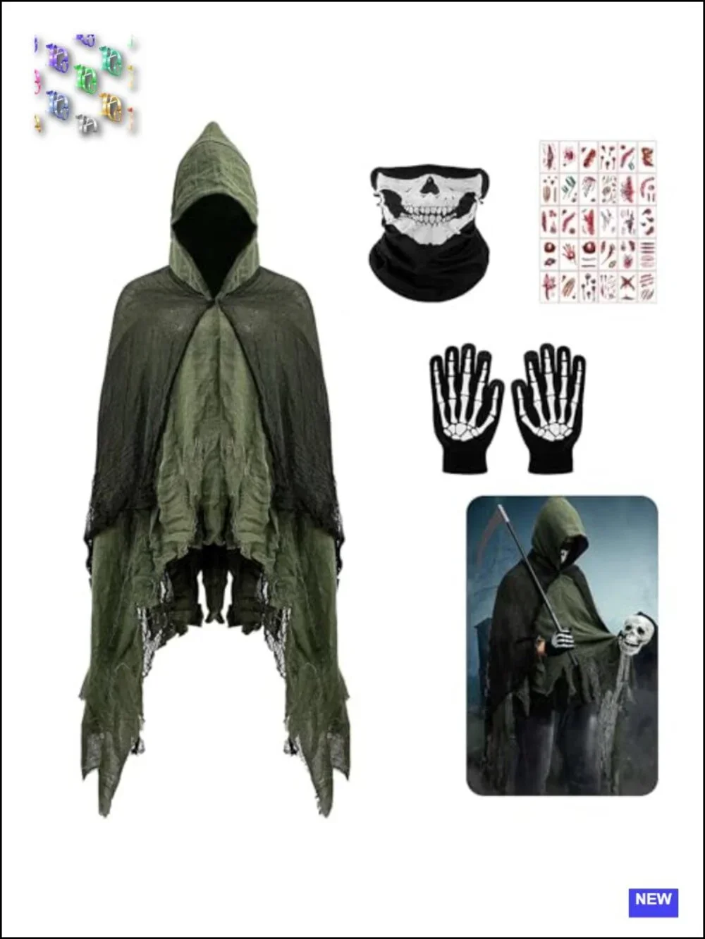 Halloween Hooded Mesh Cloak Costume Set with Gloves Mask Tattoos